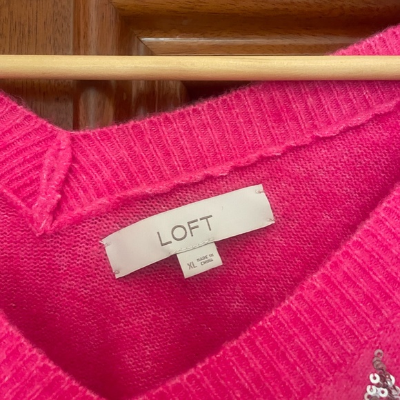 LOFT Hot Pink Sequin Star V Neck Wool Sweater - Picture 2 of 3